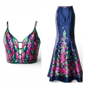 Ellie Wilde Floral Blue 2-Piece Evening Skirt Set Ensemble Prom Pageant Ball M